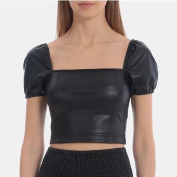NEW 7 For All Mankind Faux Leather Puff Sleeve Crop Top in Black - Picture 1 of 13
